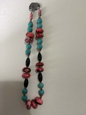 AJD Vintage Natural Turquoise, Coral, & Black Lava Stone Necklace w/ Heart Clasp